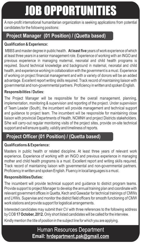 An International Humanitarian Organization (NGO) Requries Management Staff (NGO Jobs)