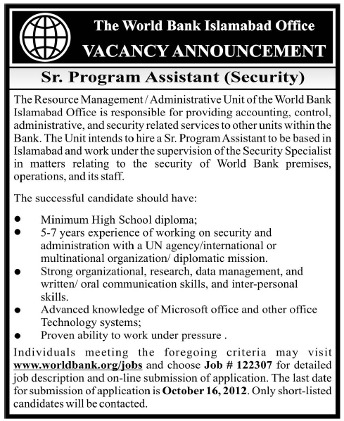 The World Bank Islamabad Office Requires Senior Program Assistant (Bank jobs) (UN Jobs)