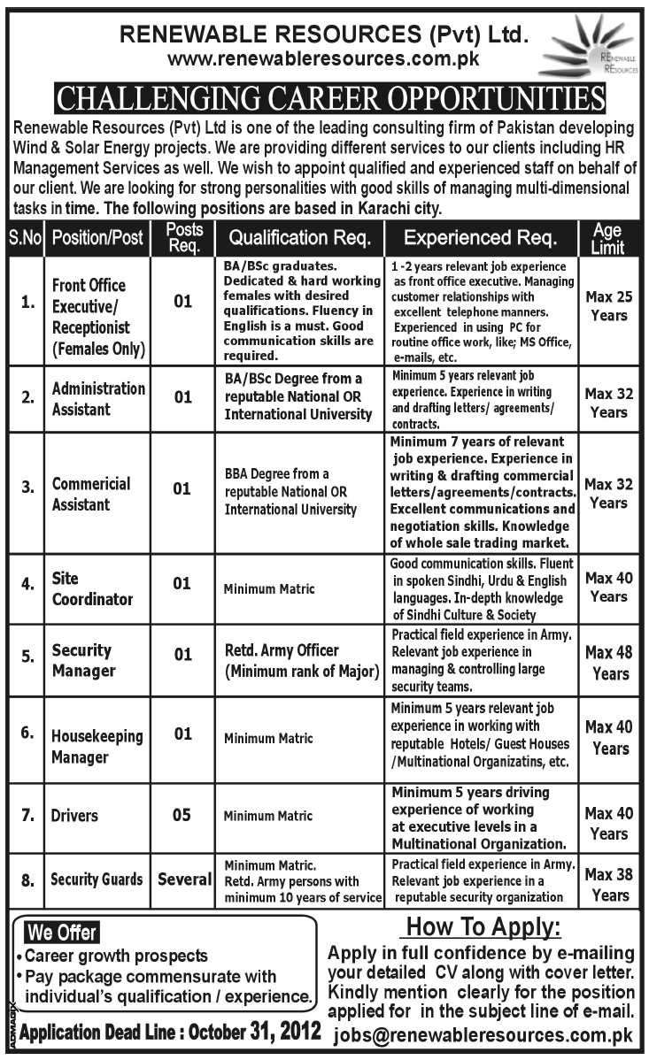 Renewable Resources Private Limited Company Requires Staff