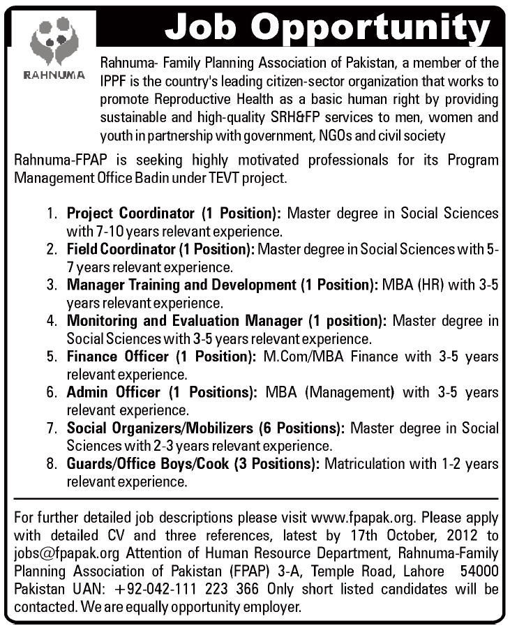 Rahnuma (NGO) Requires Management and Admin Staff (NGO Jobs)