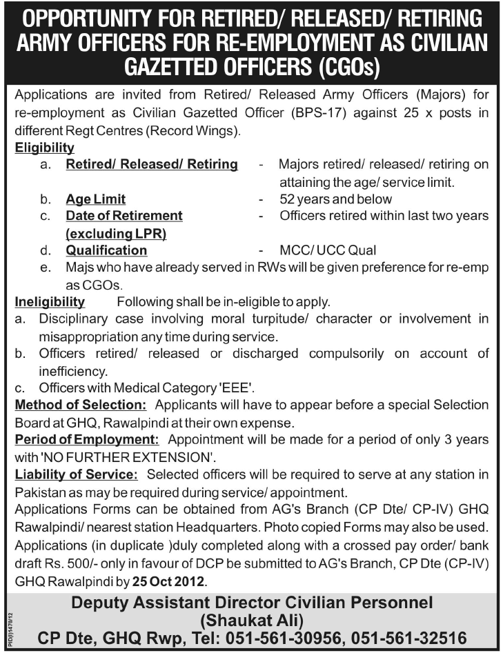 Retired Army Officers Required as Civilian Gazetted Officer (Government Job)