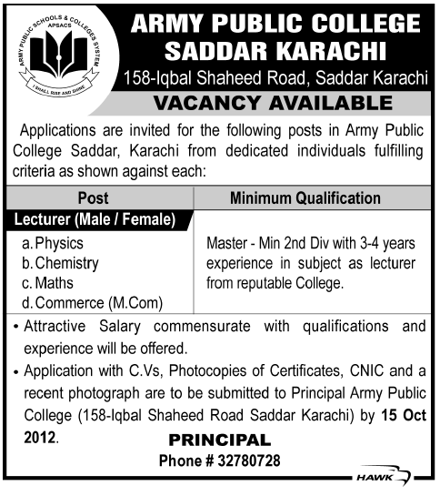 Army Public College Saddar Karachi requires Lecturers