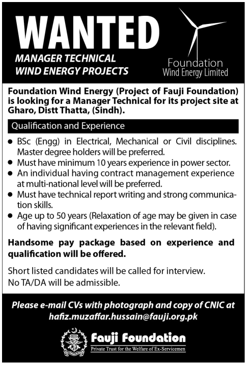 Fauji Foundation Wind Energy Ltd. requires Manager Technical Wind Energy Projects