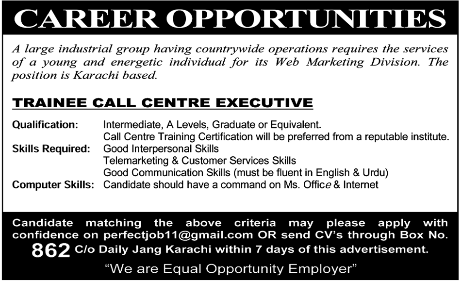 Trainee Call Centre Executive Required by a Large Industrial Group