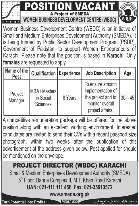 Women Business Development Centre (WBDC), SMEDA requires Female Project Manager (Govt Jobs)