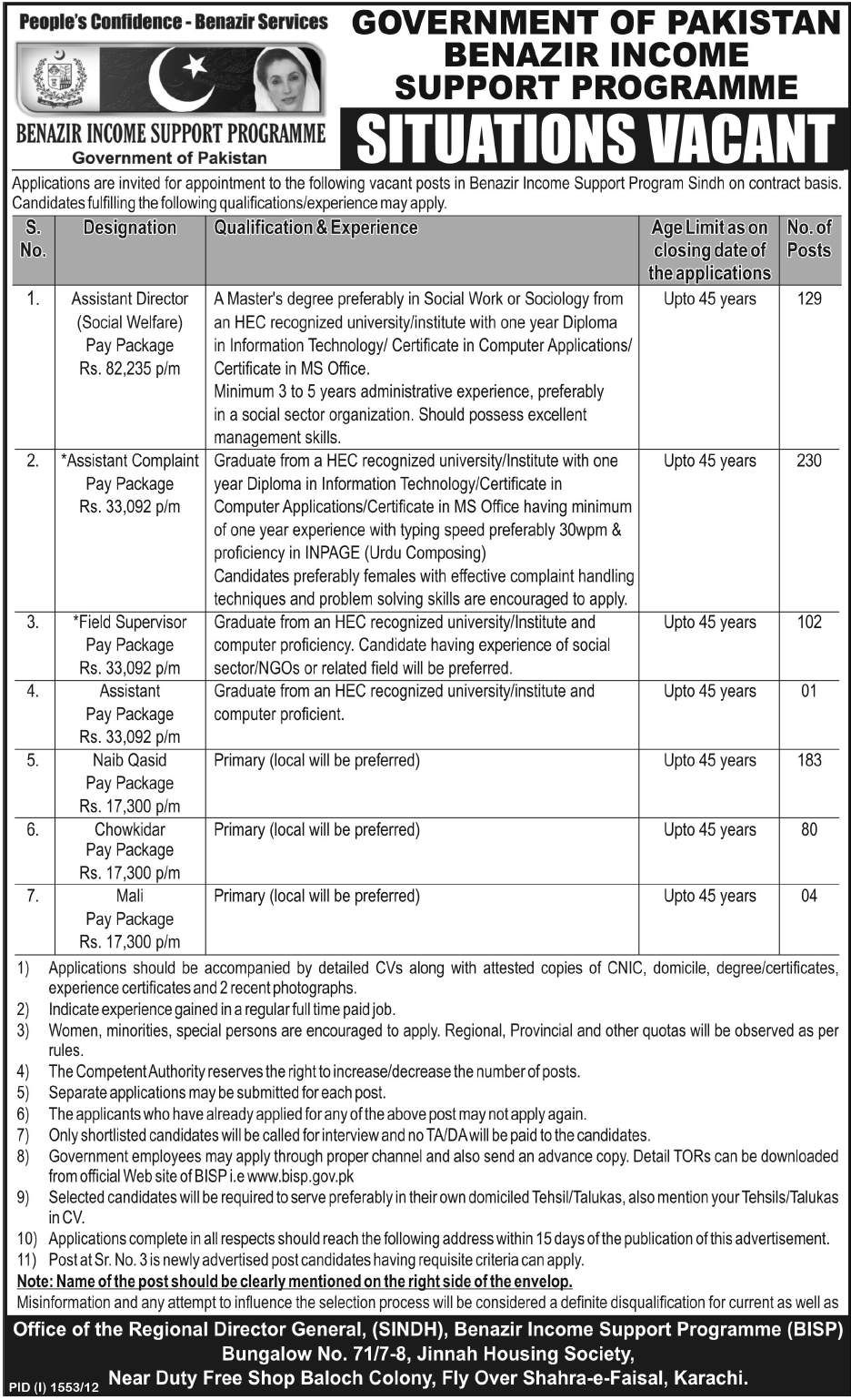 Benazir Income Support Program (BISP) Sindh Jobs (Government Jobs)