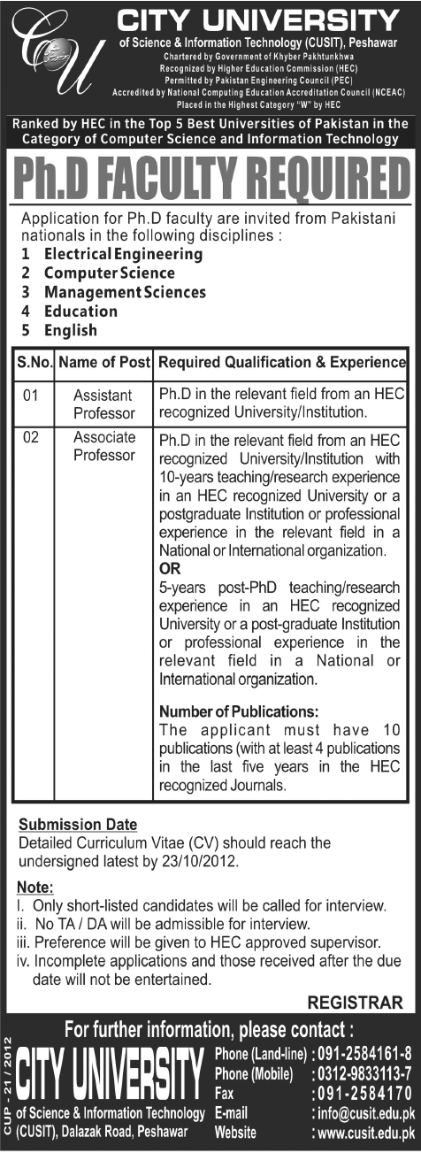 Ph.D Faculty Required in City University of Science & Information Technology (CUSIT)