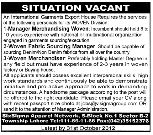 Jobs in International Garment Export House