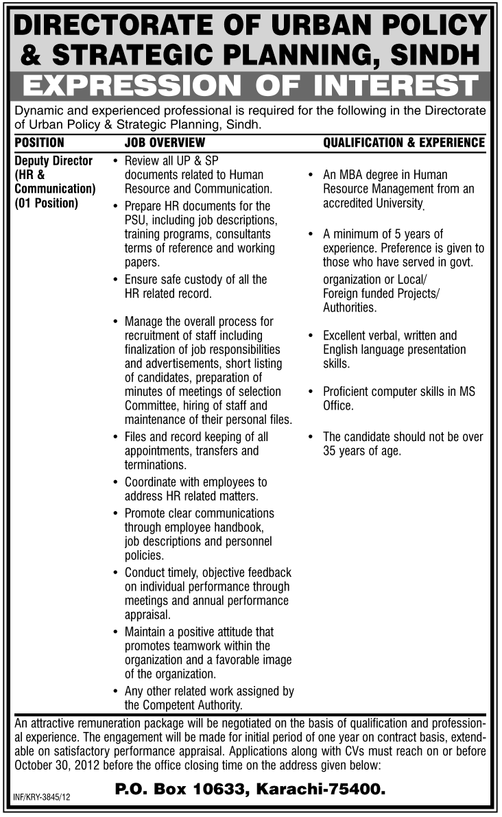 Deputy Director Required y Directorate of Urban Policy and Strategic Planning, Sindh