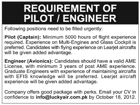 Pilot (Captain) and Avionics Engineer Jobs