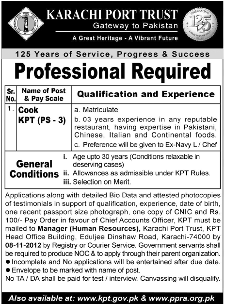 Cook Required in Karachi Port Trust