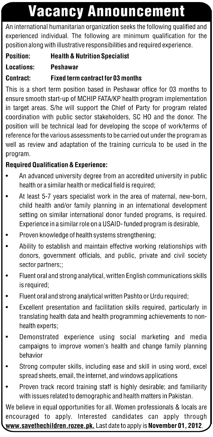 Health & Nutrition Specialist Required in International Humanitarian Organization