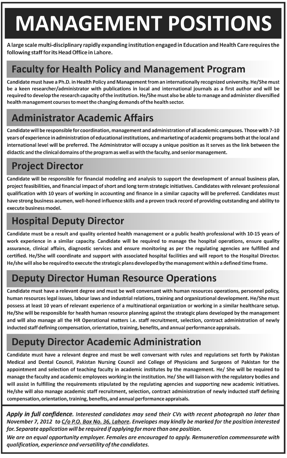 Management Jobs in Lahore