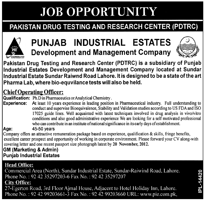 Chief Operating Officer Required in Punjab Real Estates Development Management Company