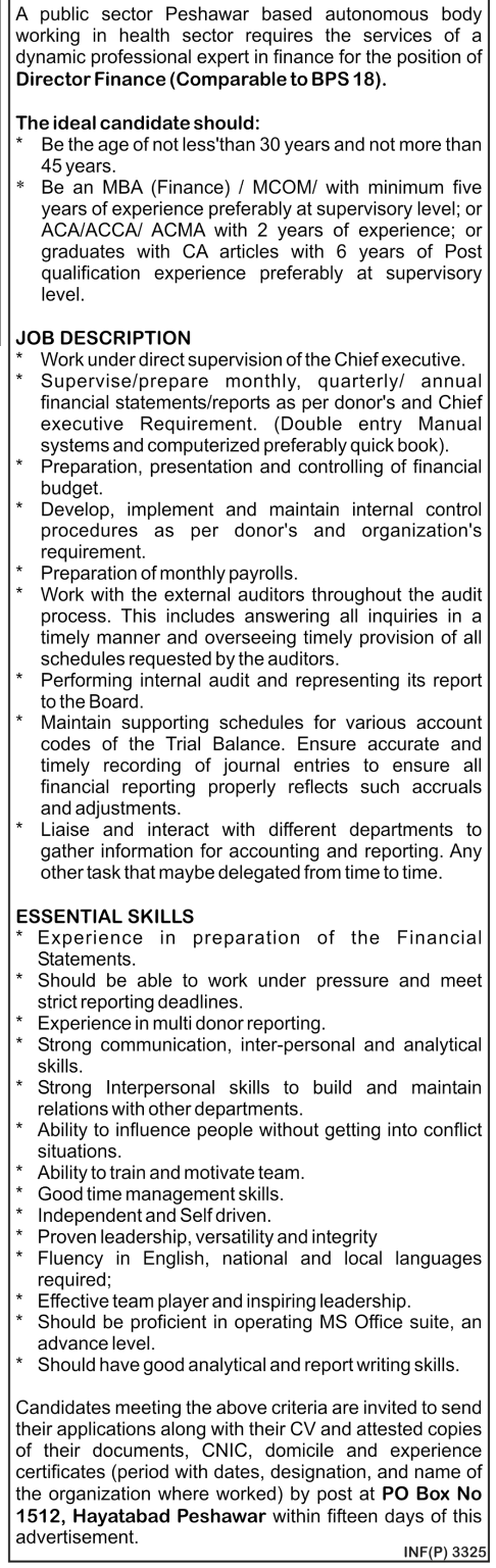 A Public Sector Peshawar-based Organization Requires Director Finance