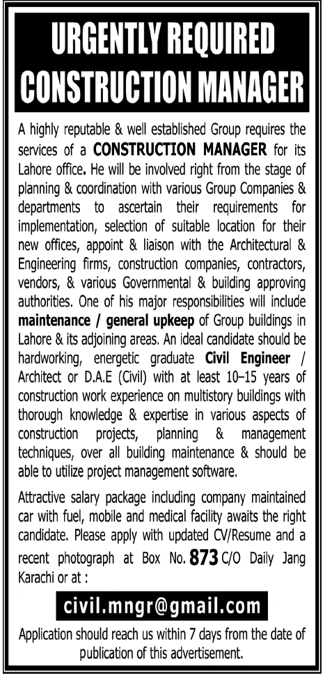 A Group of Companies Requires Construction Manager
