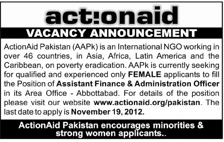 ActionAid Pakistan (AAPk) Requires Assistant Finance & Administration Officer