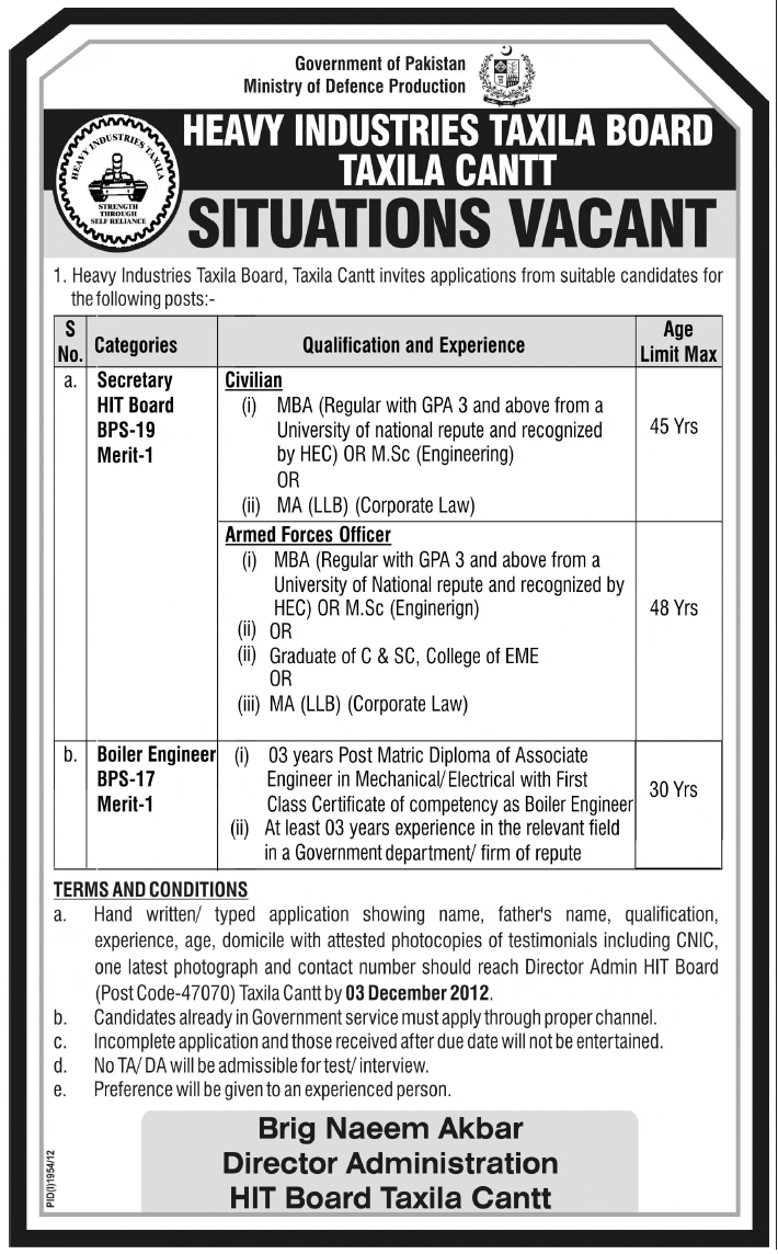 Heavy Industries Taxila (HIT) Board Jobs