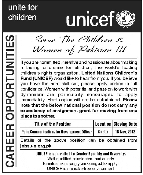 UNICEF Jobs in Pakistan 2012