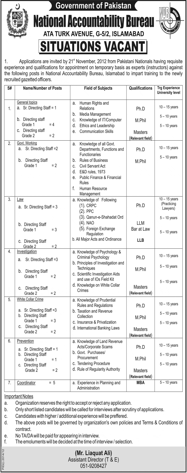 National Accountability Bureau (NAB) Jobs for Instructors