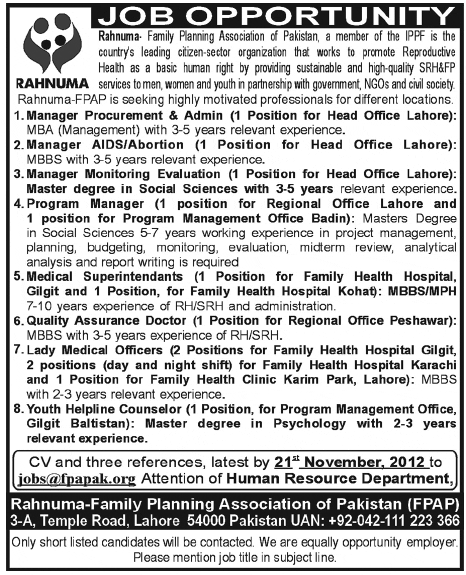 Rahnuma Family Planning Association of Pakistan (FPAP) Jobs
