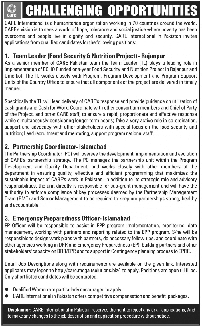 CARE International (INGO) Jobs for Team Leader, Coordinator & Officer