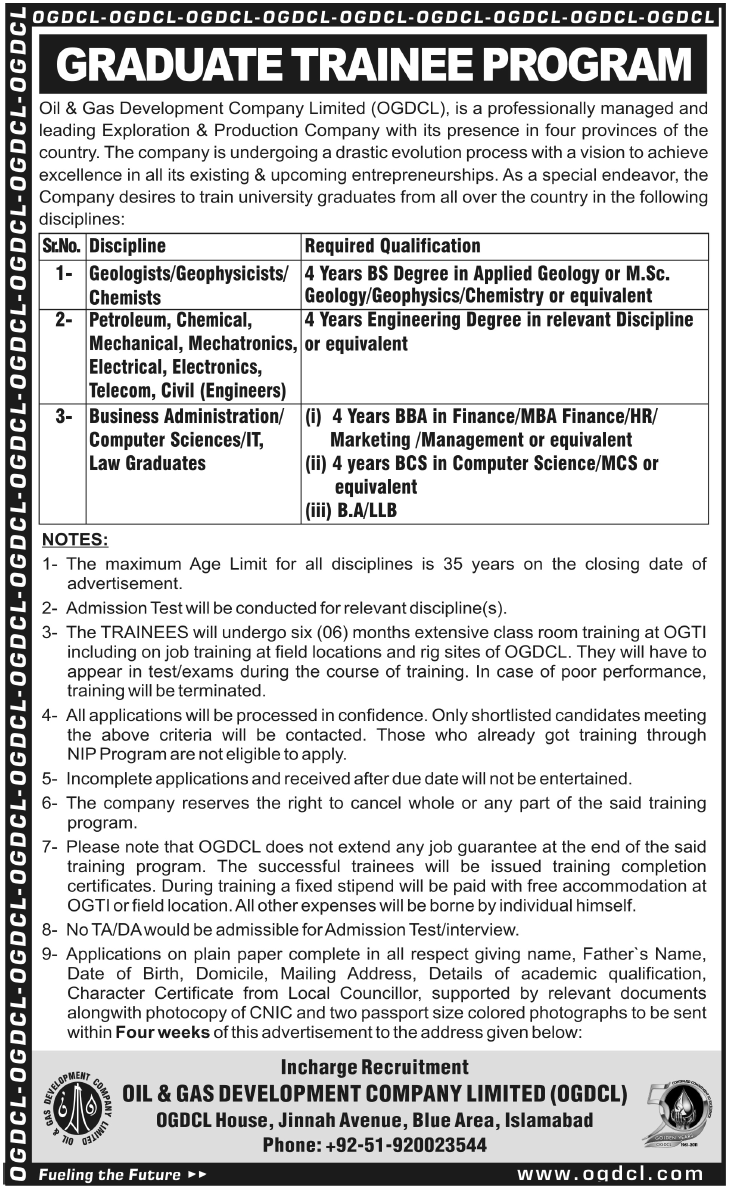 OGDCL Graduate Trainee Program Jobs 2012