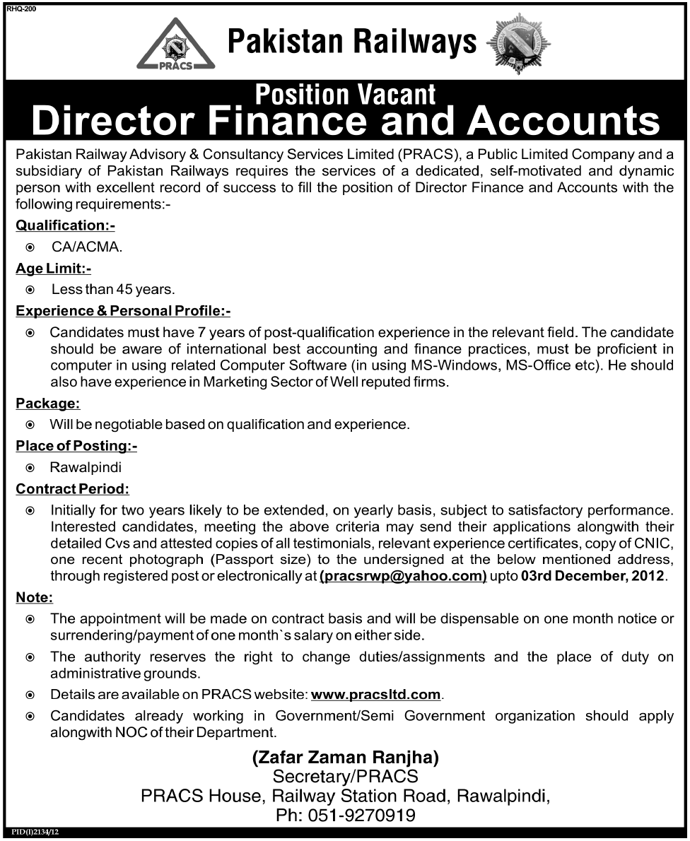 PRACS Jobs Pakistan Railway Advisory & Consultancy Services Require Director Finance & Accounts