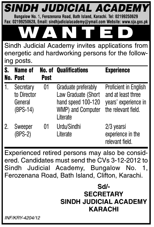 Sindh Judicial Academy Jobs 2012 (SJA)