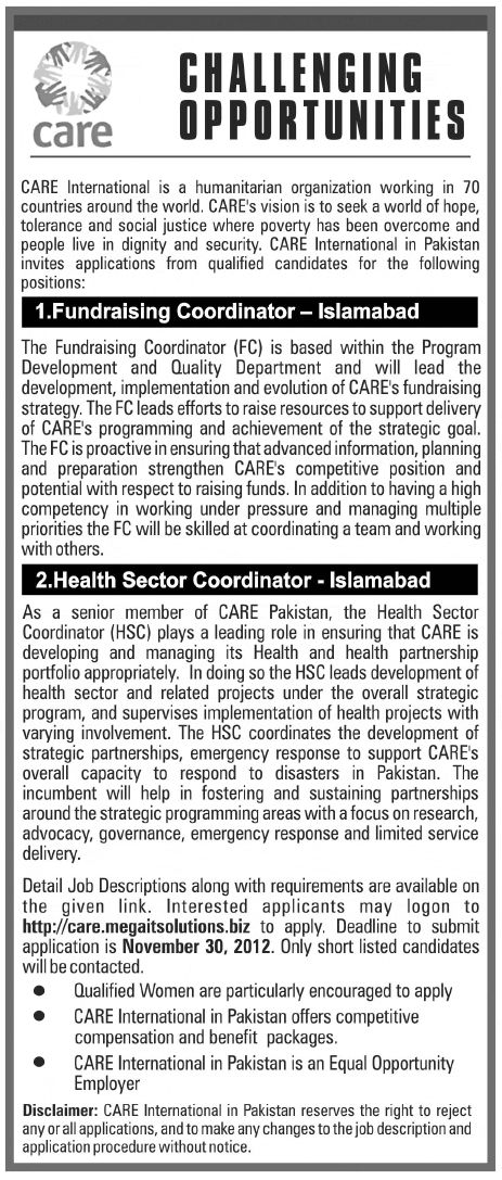 CARE Pakistan INGO Needs Fundraising & Health Sector Coordinators