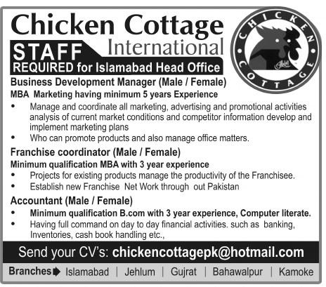 Chicken Cottage International Franchise Group Requires Staff for Head Office
