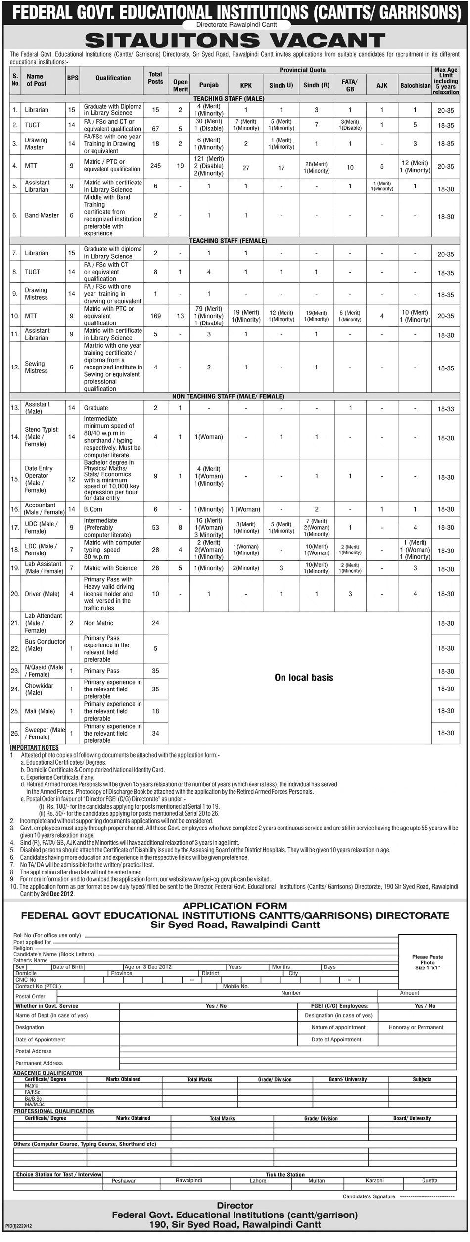 FGEI Cantonments / Garrisons Jobs November 2012 for Teaching & Non-Teaching Staff