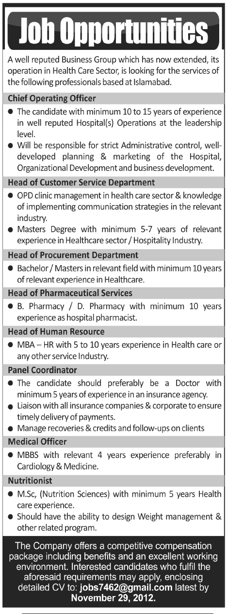 Health Care Sector Organization Needs COO, Department Heads & Other Staff