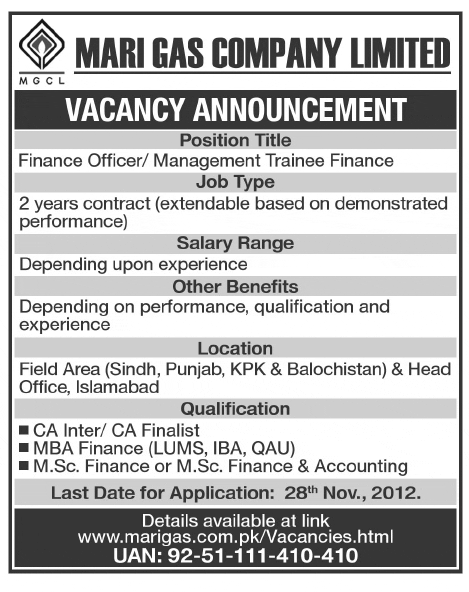 Mari Gas Jobs for Finance Officers and Trainees - Mari Gas Company Limited (MGCL)