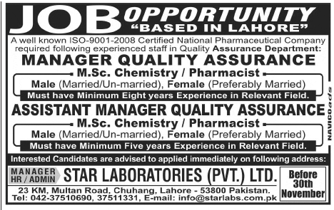 Star Laboratories (Pharmaceutical Company) Needs Manager & Assistant Manager Quality Assurance