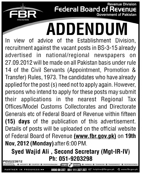 FBR Jobs 2012 November