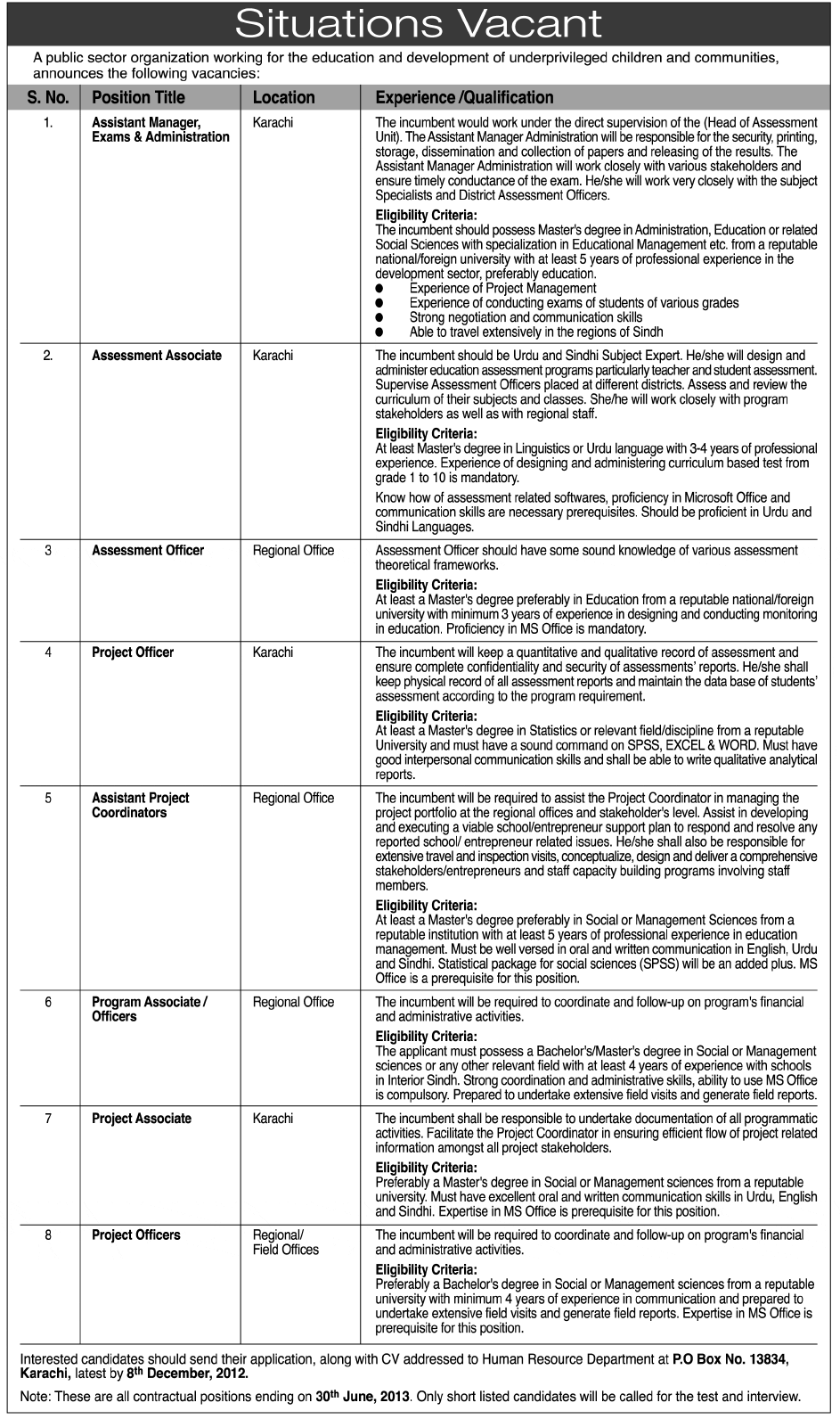 PO Box No 13834 Karachi Jobs 2012