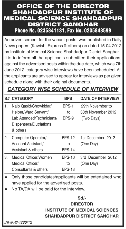 Shahdadpur Institute of Medical Science Interview Call
