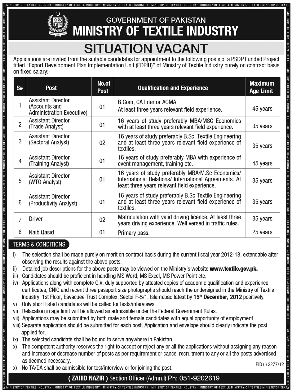 Ministry of Textile Jobs 2012 for Assistant Directors & Staff