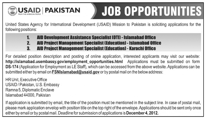 USAID Jobs 2012 November for Development Assistance & Project Management Specialists