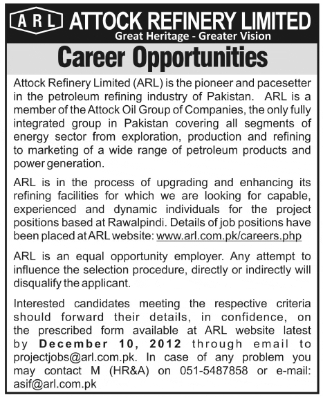 Attock Refinery Jobs 2012 November (www.arl.com.pk/careers.php)