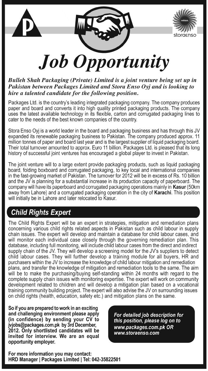 Bulleh Shah Packaging (a JV between Packages Ltd. & Stora Enso Oyj) Needs Child Rights Expert