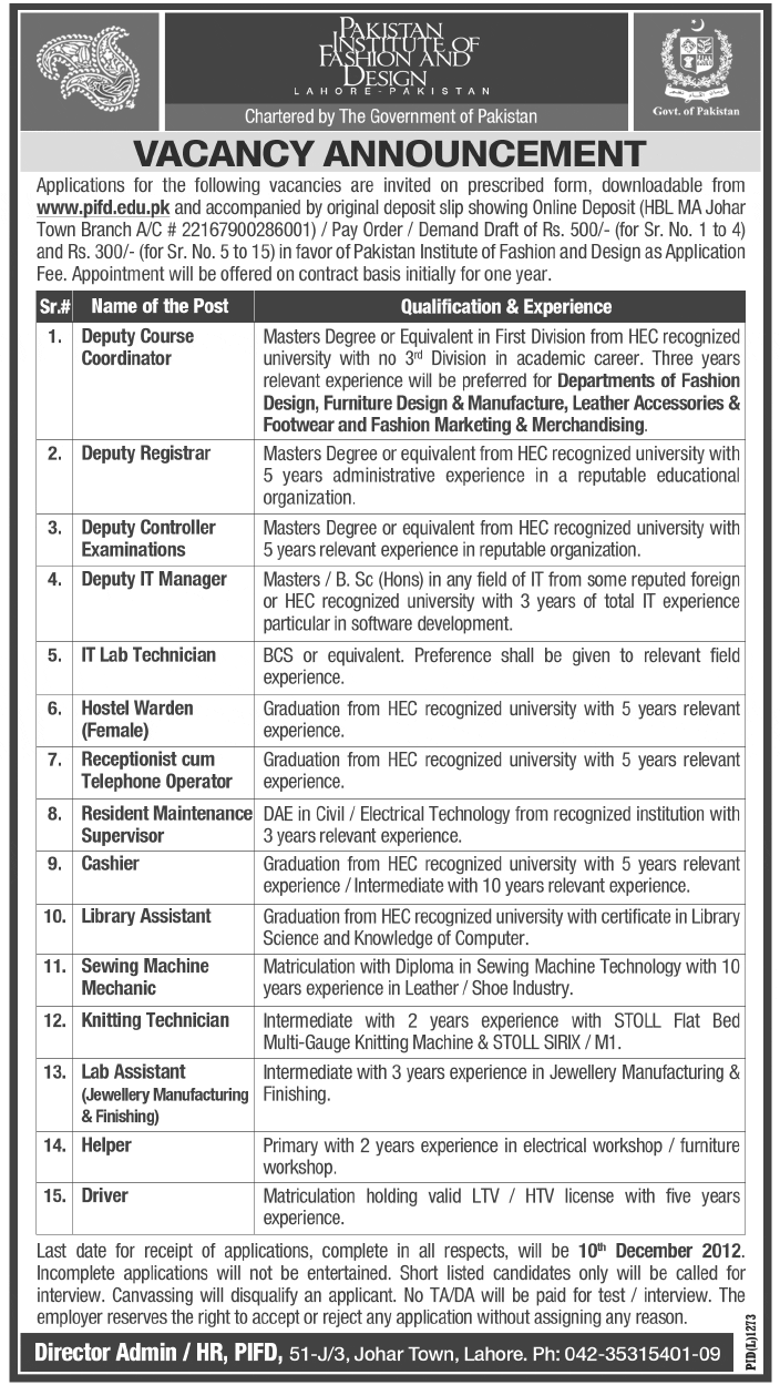 Pakistan Institute of Fashion & Design PIFD Lahore Jobs 2012 (www.pifd.edu.pk)