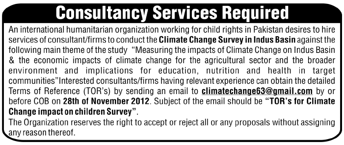 An International NGO (INGO) Needs Consultants for Climate Change Survey in Indus Basin