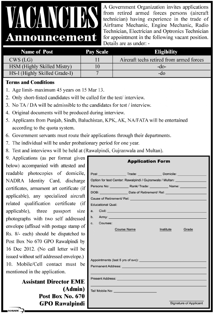 PO Box 670 GPO Rawalpindi Jobs 2012 for Retired Armed Forces Aircraft Technicians