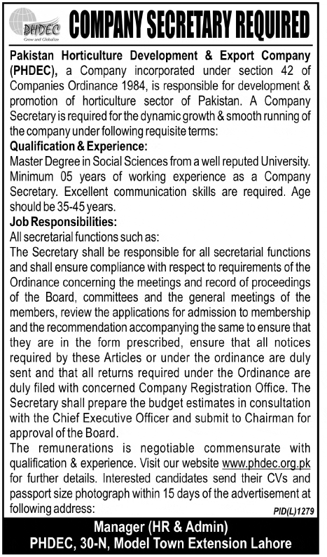 Pakistan Horticulture Development & Export Company (PHDEC) Requires Company Secretary