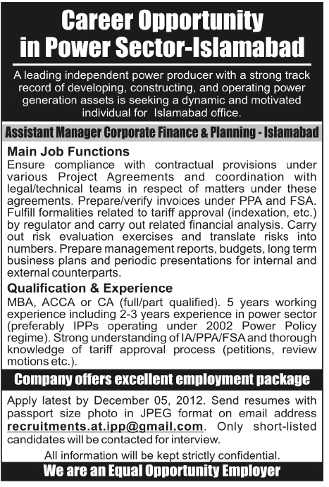IPP Job for Assistant Manager Corporate Finance & Planning (Independent Power Producer)