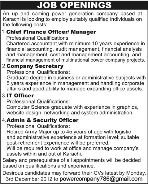A Power Generation Company Requires Manager & Officers