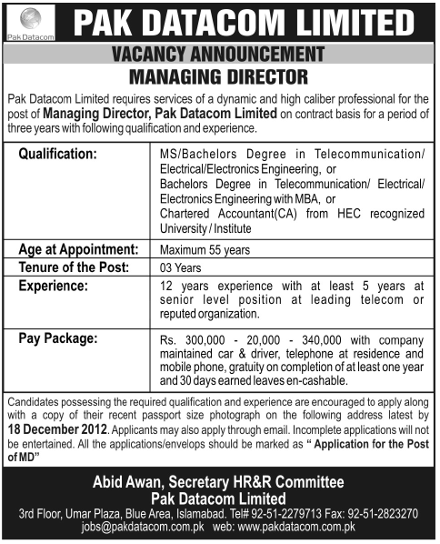 Managing Director Vacancy at Pak Datacom (The News)