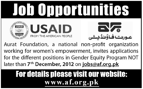 Aurat Foundation / USAID Jobs 2012 November under Gender Equity Program (GEP)